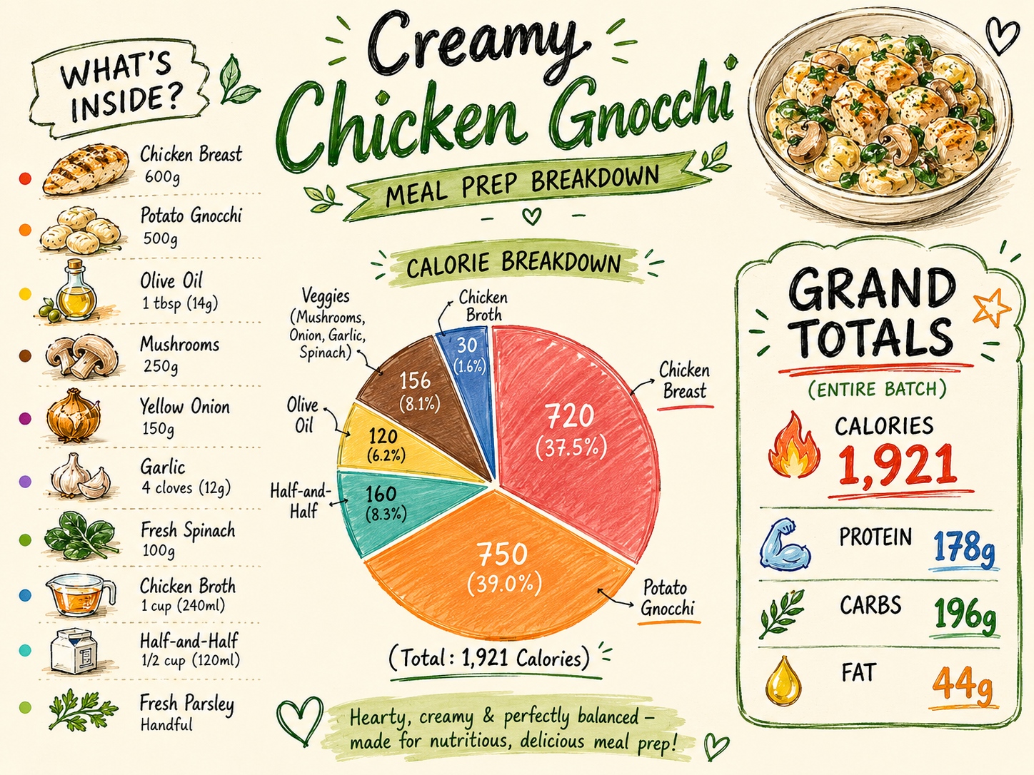 Creamy chicken gnocchi meal prep breakdown